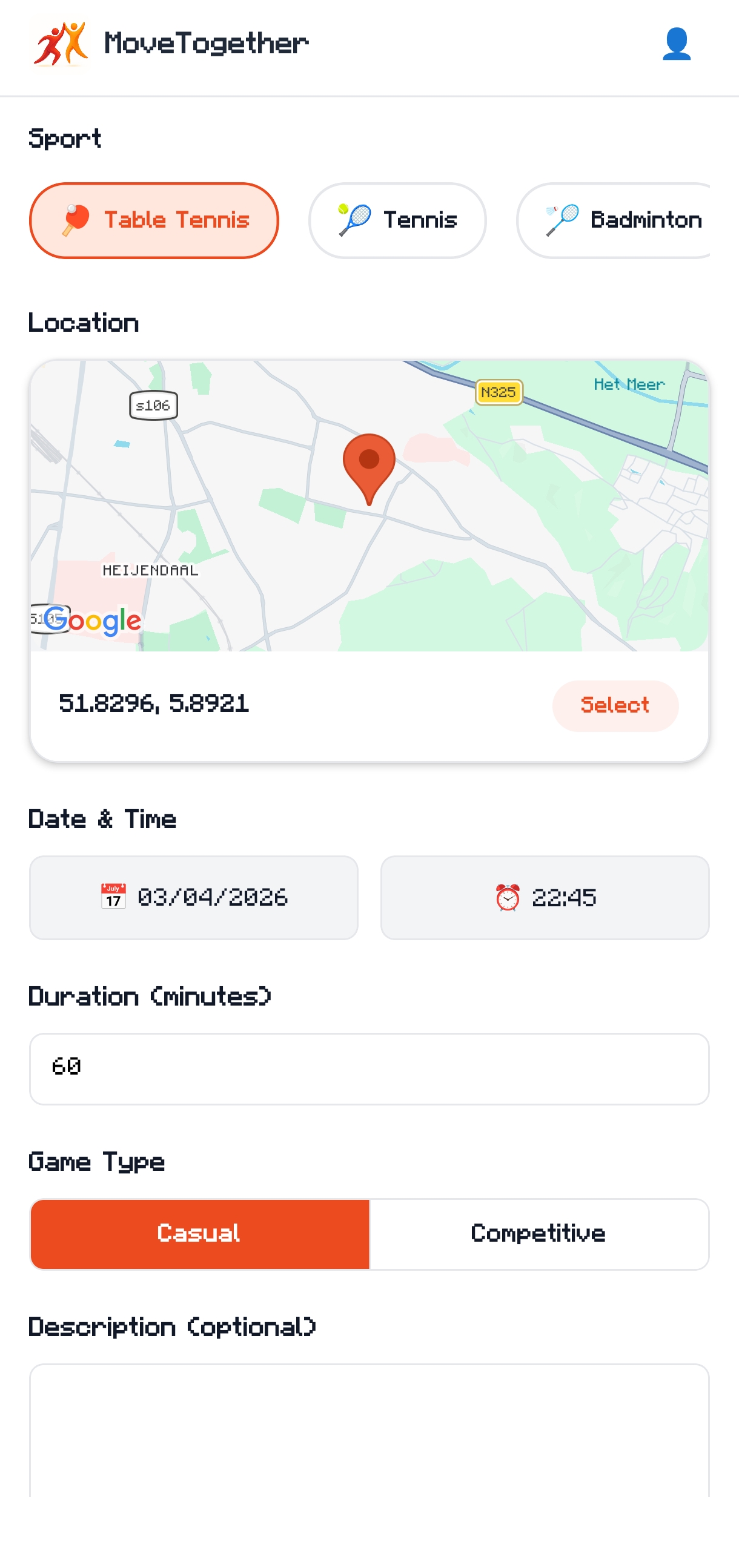 App screenshot: create an event, pick a sport