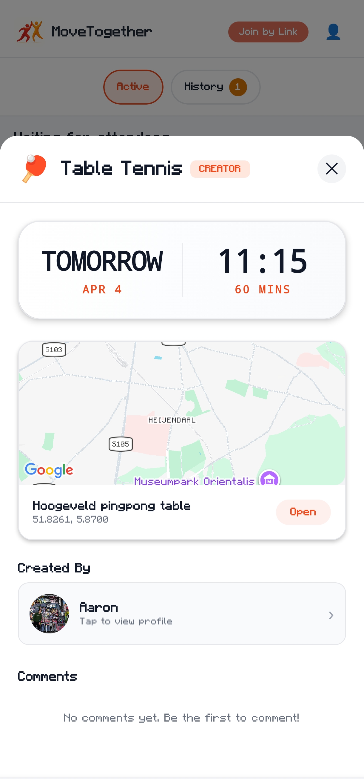 App screenshot: event detail with match info